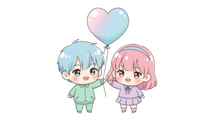 Love's Gentle Embrace: Two adorable figures, holding a heart-shaped balloon, symbolize love and companionship in a whimsical scene.
