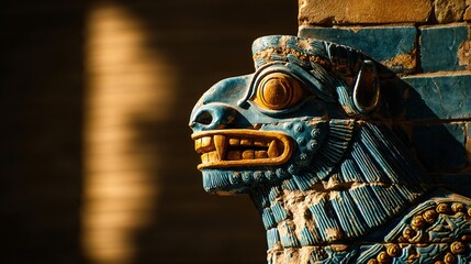 babylonian. Ancient Babylonian wall fragment with a blue glazed brick lion relief. event programs, museum guides, designed for cultural heritage projects and event programs, preserves heritage.