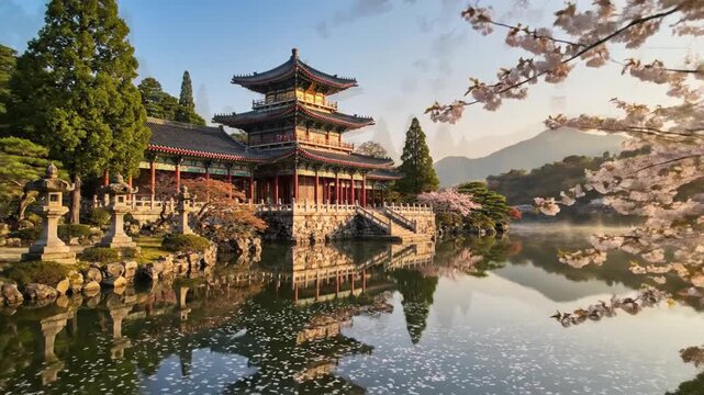 An ancient Chinese palace and traditional pagoda tower stand at the edge of a serene lake garden with an oriental pavilion reflecting in the water under a bright morning sky