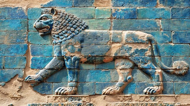 babylonian. Ancient Babylonian wall fragment with a blue glazed brick lion relief. event programs, museum guides, designed for cultural heritage projects and event programs, preserves heritage.