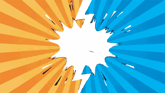 Dynamic Vector Background for Versus Concept. Comic Book Split Screen with Orange and Blue Halftone Rays.