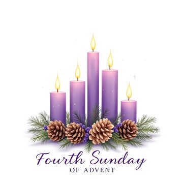 Four lit purple advent candles with pine cones and greenery celebrating the fourth sunday of the season on white background