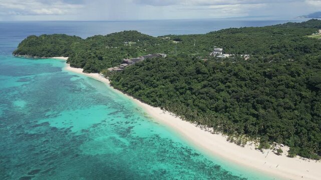 Cinematic aerial footage showcases panorama of Boracay island, a popular tourist destination in Philippines. 