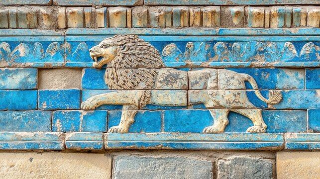 babylonian. Ancient Babylonian wall fragment with a blue glazed brick lion relief. event programs, museum guides, designed for cultural heritage projects and event programs, preserves heritage.