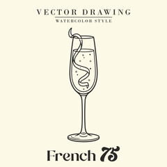 French 75 Cocktail Black and White Retro Vector Illustration