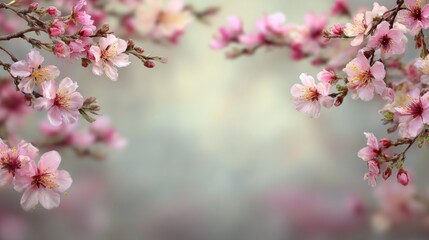 Cherry Blossoms Framing a Blank Space for Text in Soft Spring Light With Pale Pink Colors and Blurred Background