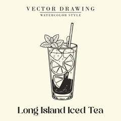 Long Island Iced Tea Cocktail Black and White Retro Vector Illustration
