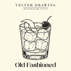 Old Fashioned Cocktail Black and White Retro Vector Illustration