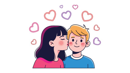 Whispered Affection: A sweet moment of connection captured in this illustration, where a woman plants a gentle kiss on a man's cheek, surrounded by floating hearts, a testament to affection.