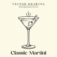Black and White Retro Style Classic Martini Cocktail Vector Illustration