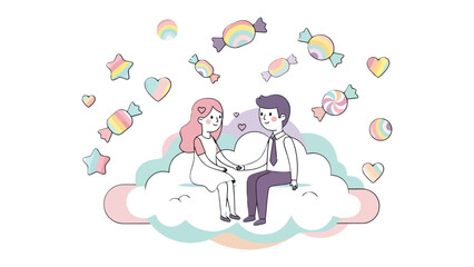 Sweetheart Serenade: An illustration of a loving couple sitting on a cloud with candy, a romantic moment filled with tenderness, surrounded by charming pastel elements.