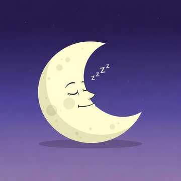 Cartoon Moon Sleeping Peacefully in the Night Sky.