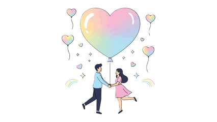 Enchanted Hearts: A couple, hand in hand, floats towards the sky attached to heart-shaped balloons, symbolizing love and dreams against a backdrop of twinkling stars and a rainbow.