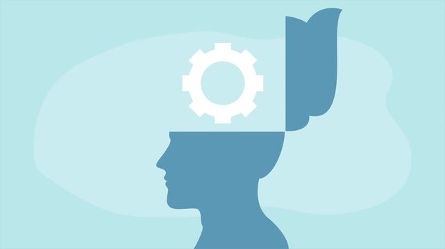 Silhouette of a human head with an open top revealing a white gear symbolizing thought process.