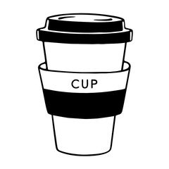  Takeaway Coffee Cup with Lid and Banner Style Label — Modern Minimalist Line Art Vector Illustration