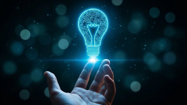 Human hands holding a glowing digital light bulb idea concept - Powered by Adobe