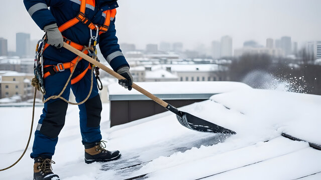 Rooftop worker in safety harness shoveling snow in winter city landscape