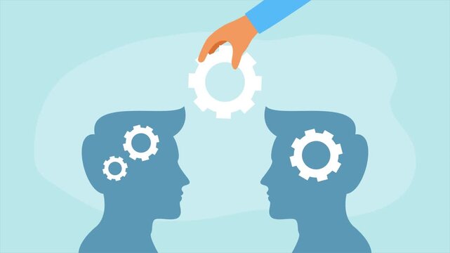 Illustration of two heads with gears inside, symbolizing teamwork and shared ideas, with a hand placing a gear.