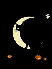 Minimalist black cat and crescent moon design on a dark background, with subtle Halloween elements like pumpkins, cobwebs, or ghostly outlines, ghostly, halloween_elements