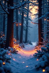 Fototapeta premium Enchanted Christmas forest; glowing trees, soft light, photo, sparkle, ambiance