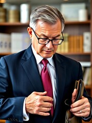Middle-aged businessman in a suit, wearing glasses and holding a briefcase, thoughtfully considering investment options, finance, cufflinks