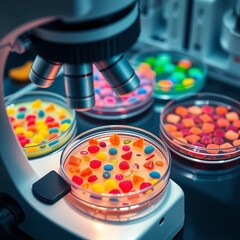Microscope over Petri dishes filled with colorful bacterial cultures, scientific research, medicine