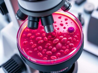 Microscope analyzing antibiotic-resistant bacteria in petri dish, test tube, microscopy