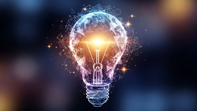 Conceptual glowing light bulb illustration representing innovation, ideas, and creativity with a digital network overlay