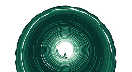 Surfer riding a wave inside a green tunnel, dynamic motion, extreme sports, adventure, ocean lifestyle