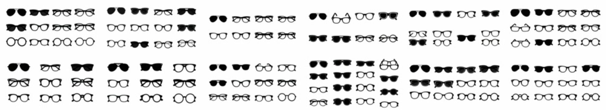Vector pattern collection of various optical eyeglasses and sunglasses silhouettes, featuring classic, modern, and fashionable frame shapes in black and white styles.