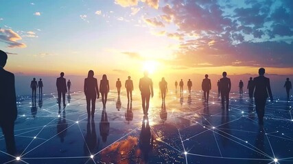 Silhouetted People Walking Towards Sunset, Network Connection.