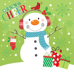 Christmas card with snowman, bird, stocking and gifts