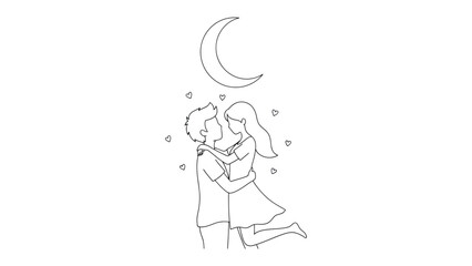 Under the Moonlight: Two figures embrace, their silhouettes forming a moment of intimacy under the soft glow of a crescent moon, enveloped by a constellation of hearts. © hafs121