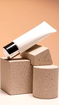 White Cosmetic Cream Tube Mockup on Beige Concrete Cubes Against a Peach-Colored Backdrop for Beauty Product Presentation and Advertisement on Adobe