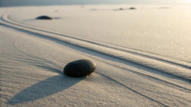 Smooth dark stone resting on sunlit sandy beach with delicate wind patterns and long morning shadows