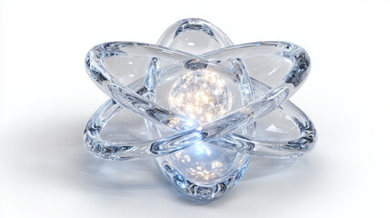 Crystal glass-style atom nucleus symbol with glowing inner core isolated on clean white
