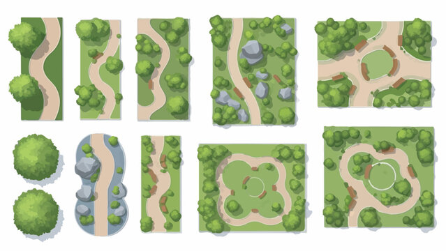 Set of Park Map Top View Vector Illustrations for Game Design or Landscape Planning isolated on white