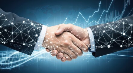 Business handshake with digital network and graph
