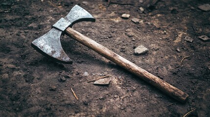 speciation. Medieval sword and axe crossed on a ground, dirt and minimal debris, dramatic side lighting. event programs, museum guides, designed for cultural heritage projects and event programs.