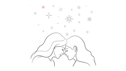 Bound by Affection: In a tender moment, two figures find solace in each other's presence, their connection symbolized by delicate celestial touches.