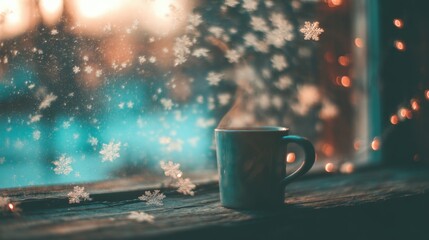 Warm drink with snowflakes seen through a window in winter time