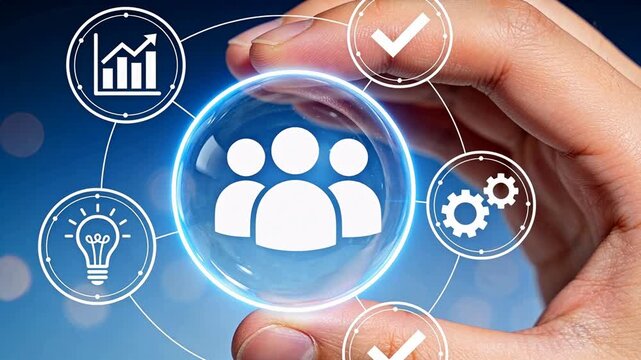 Hand holding bubble with icons