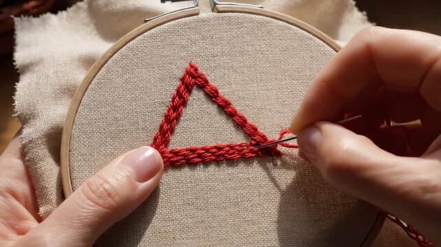 Hands Embroidering Red Triangle on Linen Fabric in Hoop at Home