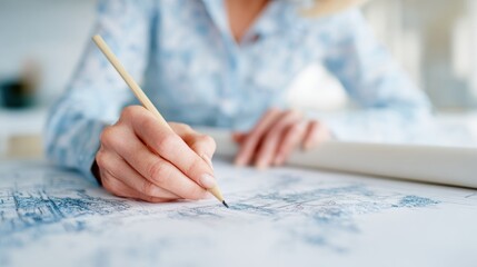 Person drawing plans on a table in a workspace during the day