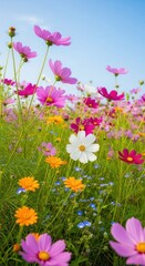 Fototapeta premium Vibrant Cosmos Flowers Blooming Under Clear Blue Sky
