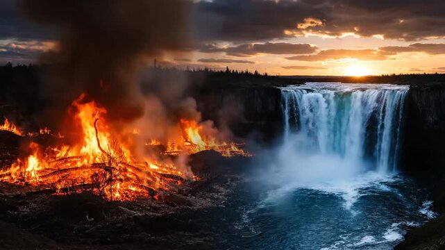A vibrant natural landscape where fire meets water in a flowing mountain stream, cascading over rocks and autumn stones through a lush green forest park
