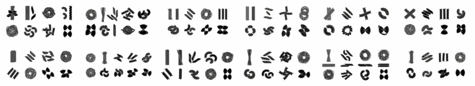 Comprehensive black silhouette icon set showcasing various uncooked Italian pasta types: spaghetti, penne, fusilli, macaroni, and farfalle, against a white backdrop.