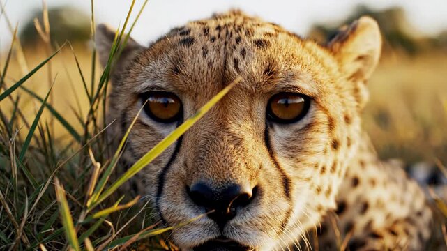 Close-Up View of a Cheetah Resting in Long Grass with Yellow and Green Hues at Golden Hour
