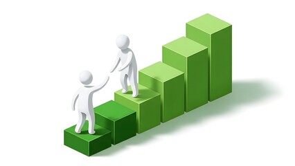 Illustrative concept of business growth and teamwork, with two figures ascending green bar graph steps together, symbolizing collaboration and progress towards goals