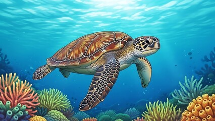 Obraz premium Graceful sea turtle navigates through a vibrant underwater coral reef, showcasing the beauty and biodiversity of a tropical ocean ecosystem illustration